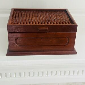 Vintage Wooden Jewelry Box with Woven Cane Lid - Sanyo Made in Japan